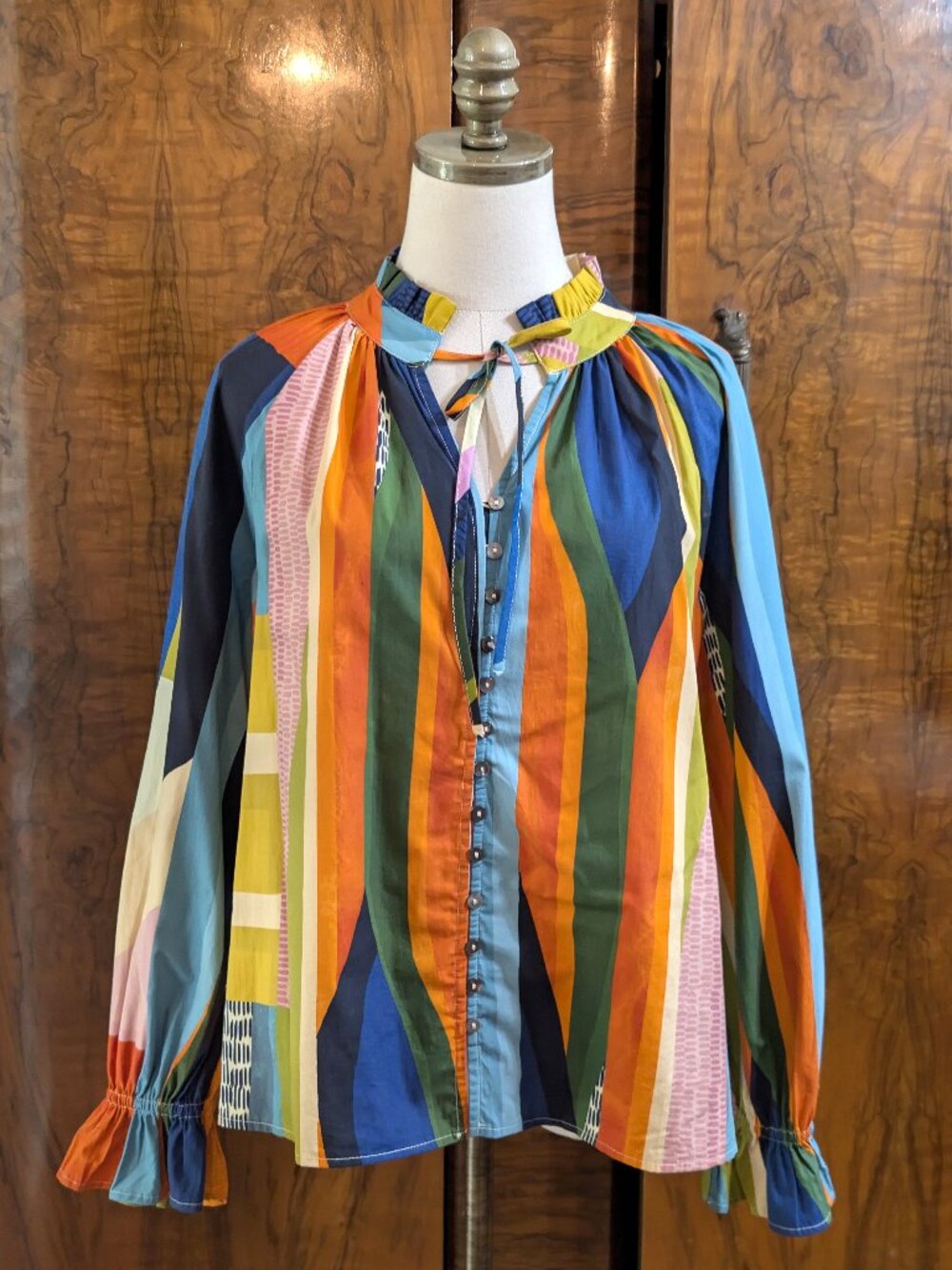 Karlie Multicolor Abstract Print Blouse S Boho Ruffle Collar Balloon Sleeve